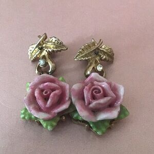 Gold and Pink Rose Earrings